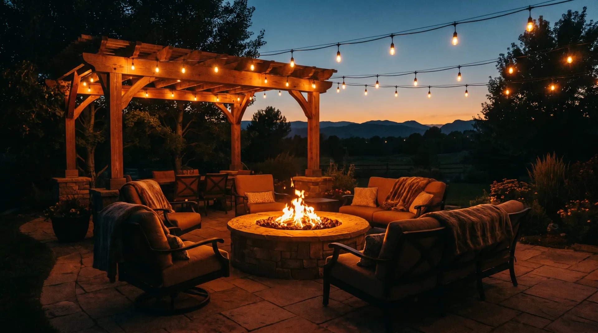 A Colorado patio glowing at dusk