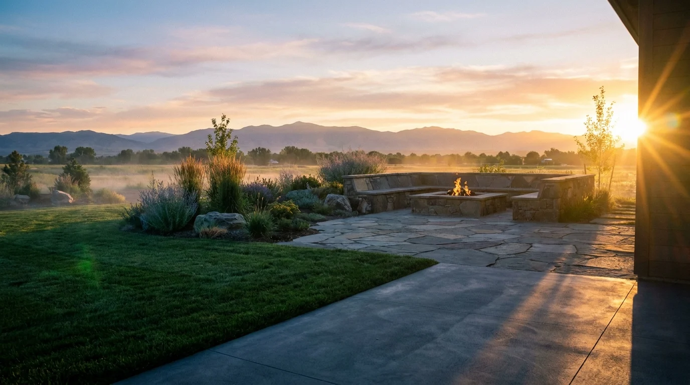 A finished Northern Colorado outdoor living space at first light — concrete patio, fire pit, fresh sod and the Front Range foothills behind