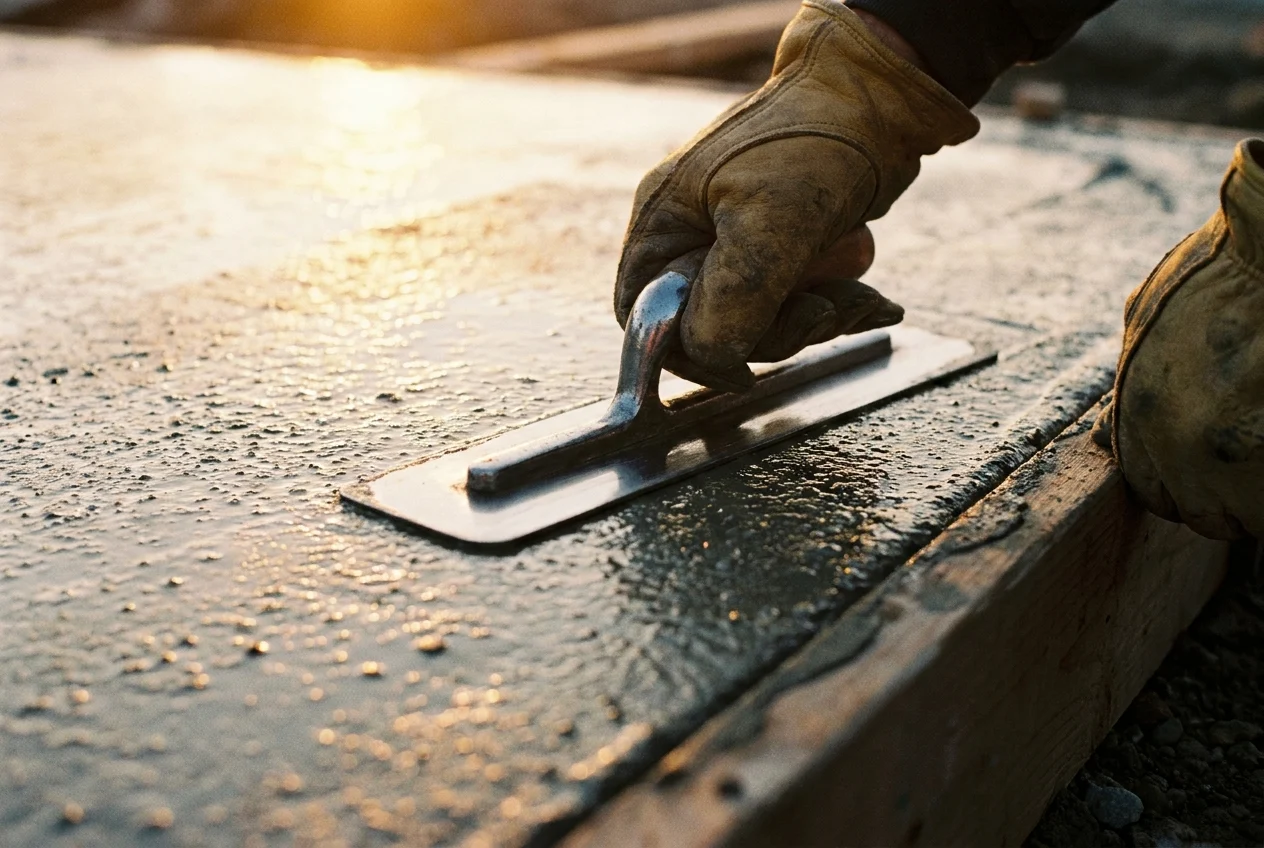 Close-up of a craftsman troweling fresh concrete in golden light