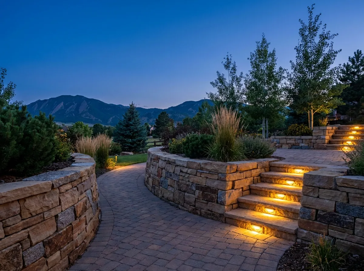 Paver hardscape with stone retaining wall and lighting