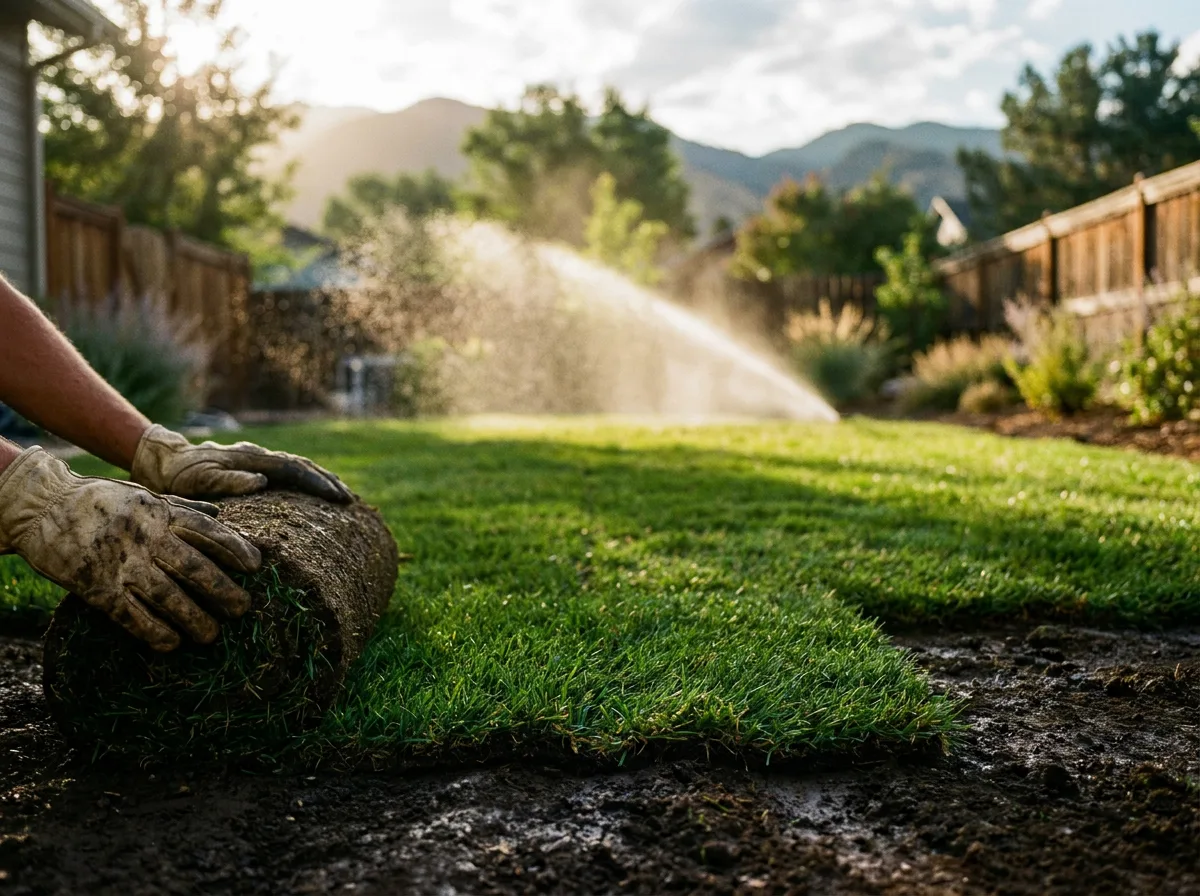 Fresh green sod and irrigation