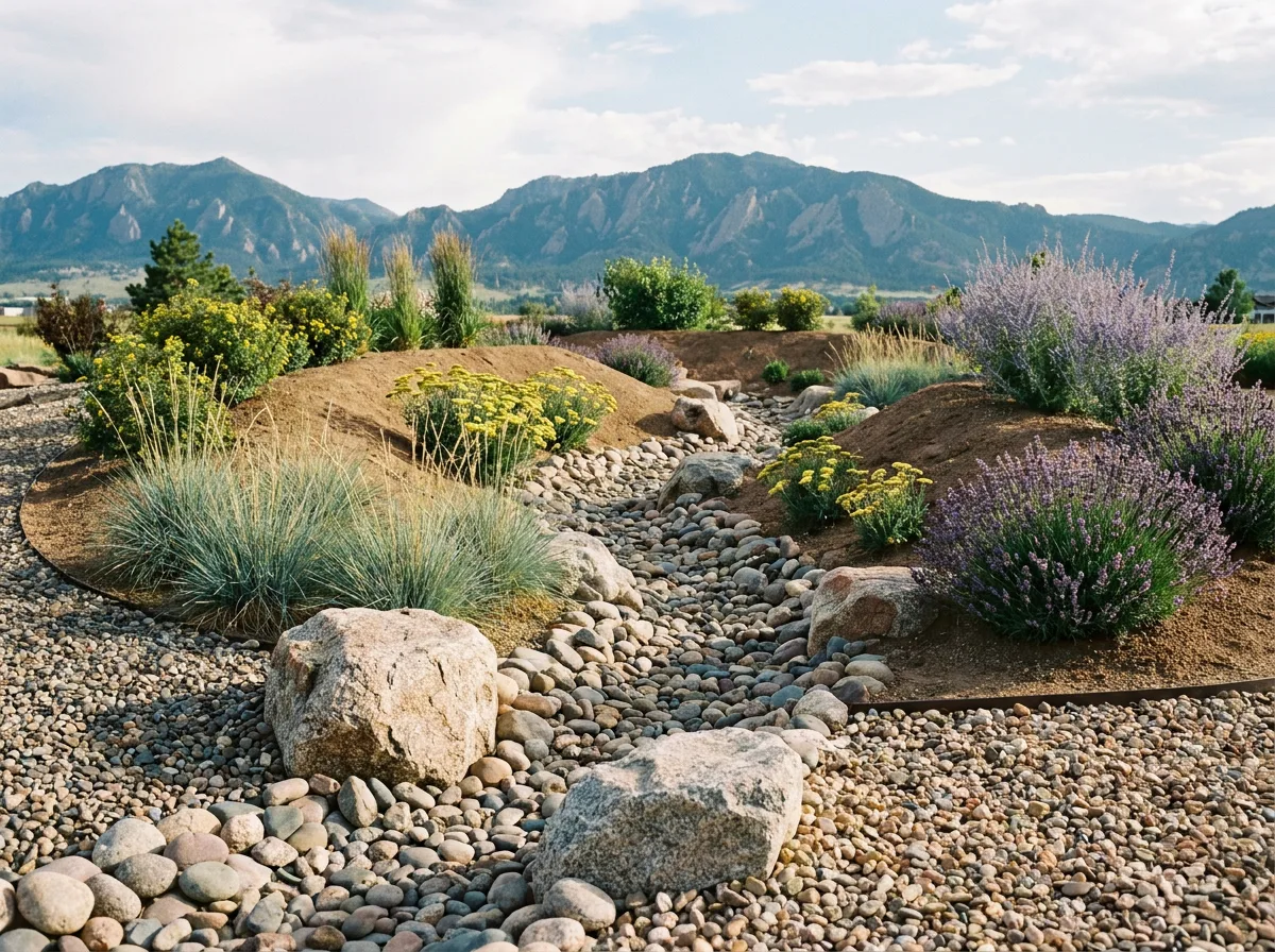 Colorado xeriscape with dry creek bed and grasses